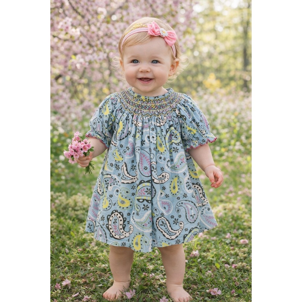 Stellybelly Blue Paisley Smocked Corduroy Dress Sz 18M Southern Boutique Easter